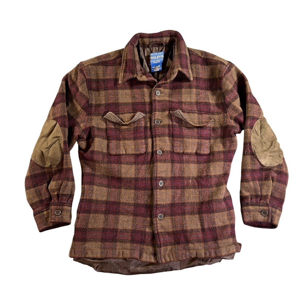 Pendleton Wool Cashmere Wool Shirt Jacket Mens Medium Brown Plaid Elbow Patches